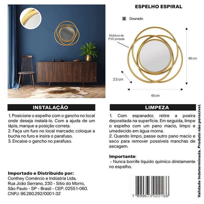 Espelho Decorativo Espiral 49 cm Dourado